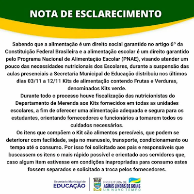 Prefeitura de Águas Lindas emite nota de esclarecimento sobre a distribuição do Kit Verde aos alunos da rede municipal